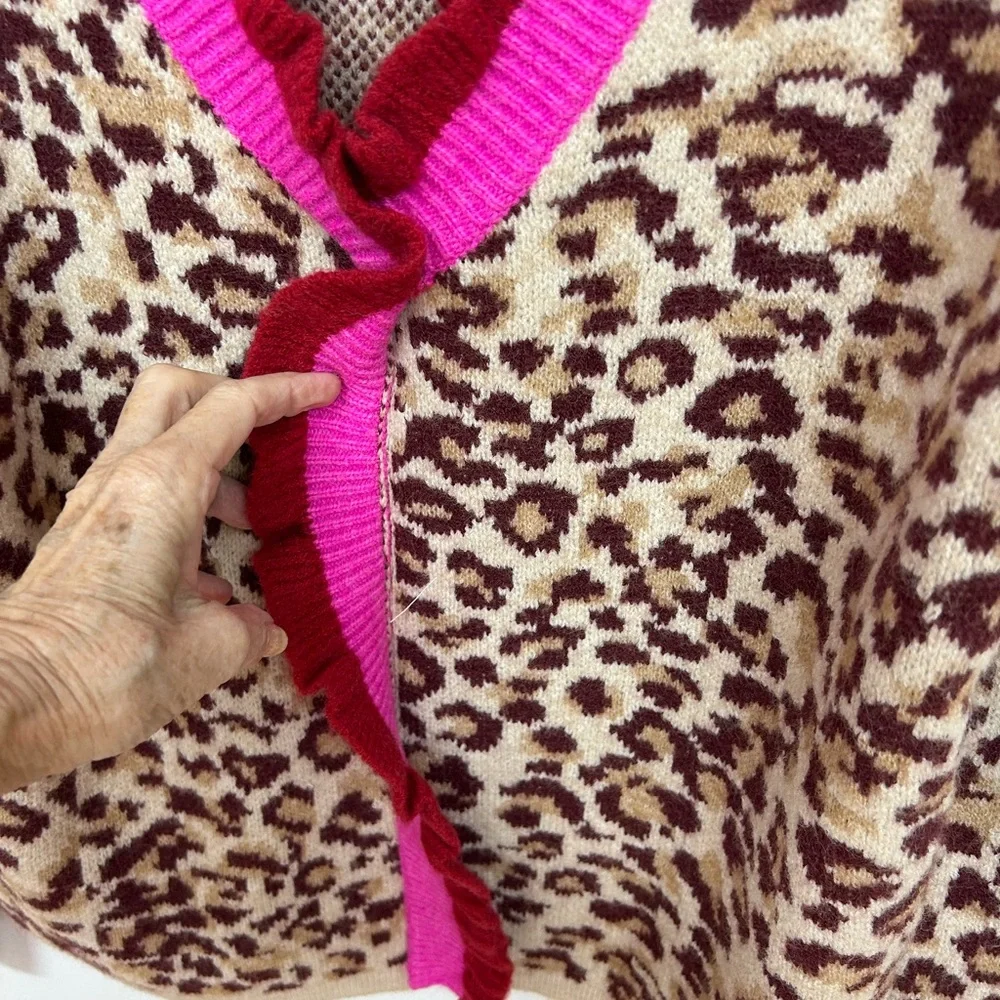 NWT. Impressions Beige Leopard Cardigan with Hot Pink & Burgundy Trim Size M